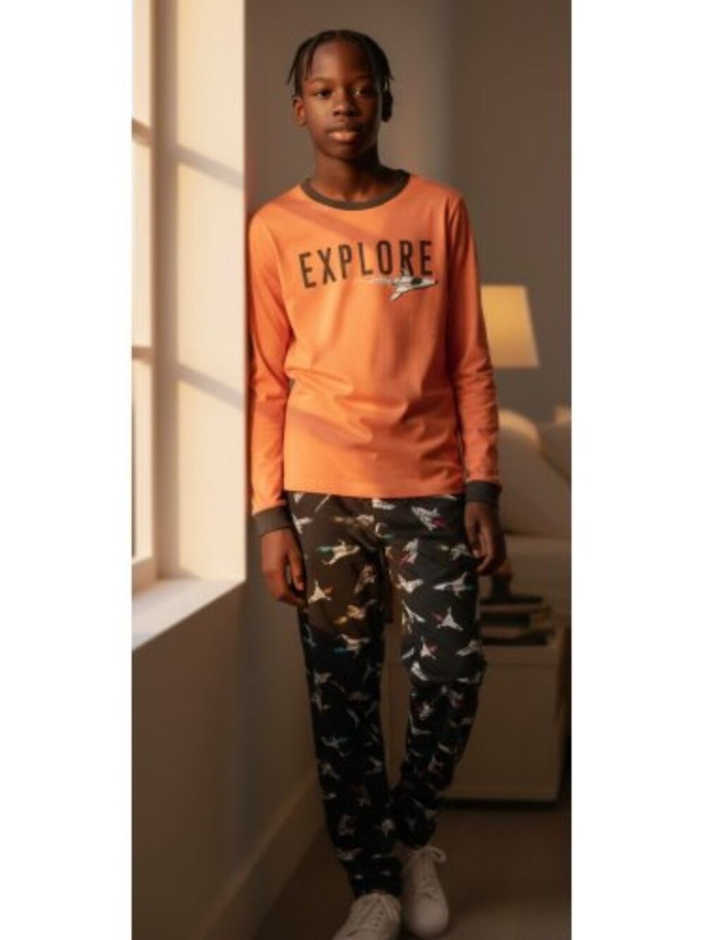 CARTER'S Orange and Black Thermal Fleece Spaceship Print Pajamas Boys Size 7